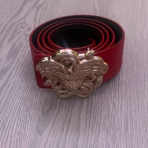Versace Red Belt with Gold Medusa Buckle - Picture 2 of 8